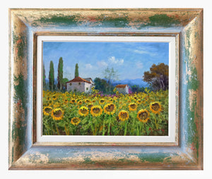 Tuscany painting by Domenico Ronca painter "Houses among sunflowers" oil canvas original Toscana artwork
