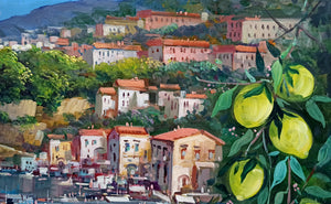 Sorrento painting by Vincenzo Somma painter "Blue sea and lemons" original canvas artwork southern Italy