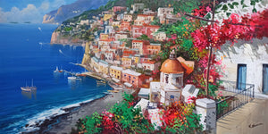Positano painting by Vincenzo Somma painter "View of the sea town" original canvas artwork southern Italy