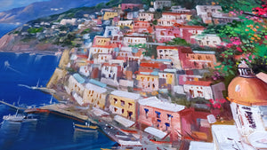 Positano painting by Vincenzo Somma painter "View of the sea town" original canvas artwork southern Italy