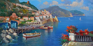 Amalfi painting by Vincenzo Somma painter "Seaside with boats" original canvas artwork southern Italy