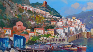 Amalfi painting by Vincenzo Somma painter "Seaside with boats" original canvas artwork southern Italy
