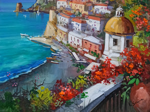 Positano painting by Vincenzo Somma "Seaside with flowers" original canvas Italian painter