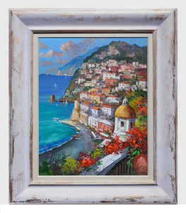 Positano painting by Vincenzo Somma "Seaside with flowers" original canvas Italian painter
