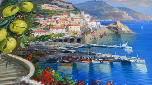 Amalfi painting by Vincenzo Somma "Descent to the town" original canvas Italian painter