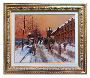 French painting Francesco Tammaro painter "Snowed in Paris"  Belle Epoque old France cityscape