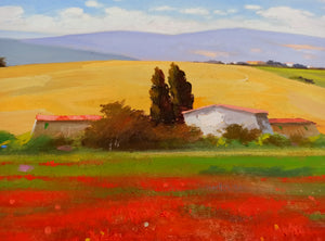 Tuscany painting Andrea Borella painter "Countryside with poppies" original landscape artwork Italy