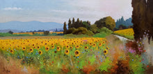 Load image into Gallery viewer, Tuscany painting Andrea Borella painter &quot;Sunflowers field panorama&quot; original landscape artwork Italy
