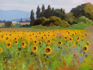 Tuscany painting Andrea Borella painter "Sunflowers field panorama" original landscape artwork Italy