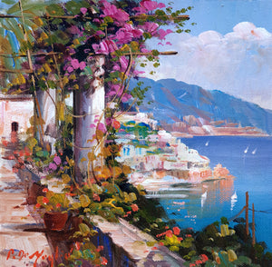 Amalfi painting "Flowery terrace" Italian original canvas artwork painter De Meglio Italy