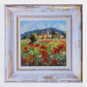 Tuscany painting by Bruno Chirici painter "Village and wildflowers" landscape oil canvas artwork