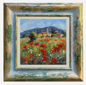 Tuscany painting by Bruno Chirici painter "Village and wildflowers" landscape oil canvas artwork