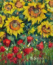 Load image into Gallery viewer, Tuscany painting by Bruno Chirici landscape &quot;Poppies &amp; Sunflowers&quot; original oil artwork Toscana
