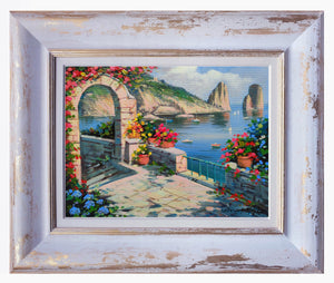 Capri painting "Seaside with flowers" original canvas Italian painter Ernesto De Michele Italy