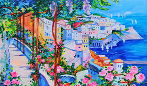 Amalfi painting Grimaldi Alfredo "Flowery walkway" landscape original ocanvas artwork Italy