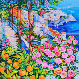 Amalfi painting Grimaldi Alfredo "Flowery walkway" landscape original ocanvas artwork Italy