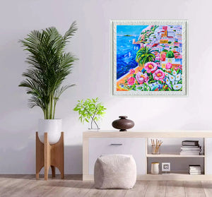 Positano painting Alfredo Grimaldi painter "Positano in bloom" landscape original canvas artwork Italy