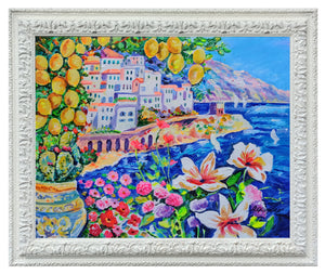Amalfi painting Alfredo Grimaldi painter "Seaside with lemons" landscape original canvas artwork Italy