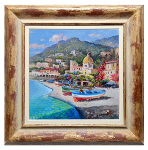 Positano painting by Vincenzo Somma "Boats on the beach" original canvas artwork Italy Amalfitan Coast
