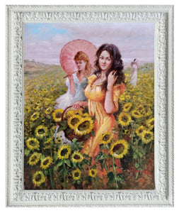 Italian painting Domenico Ronca painter "Girls between sunflowers" oil canvas original Italian artwork