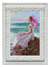 Load image into Gallery viewer, Italian painting Domenico Ronca painter &quot;Girl on the beach rock&quot; oil canvas original artwork
