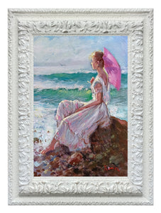 Italian painting Domenico Ronca painter "Girl on the beach rock" oil canvas original artwork