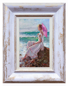 Italian painting Domenico Ronca painter "Girl on the beach rock" oil canvas original artwork