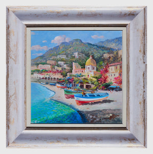 Positano painting by Vincenzo Somma "Boats on the beach" original canvas artwork Italy Amalfitan Coast