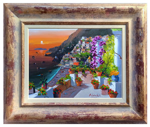 Positano painting Silvio Valli painter "Sunset on the coast" artwork canvas italy