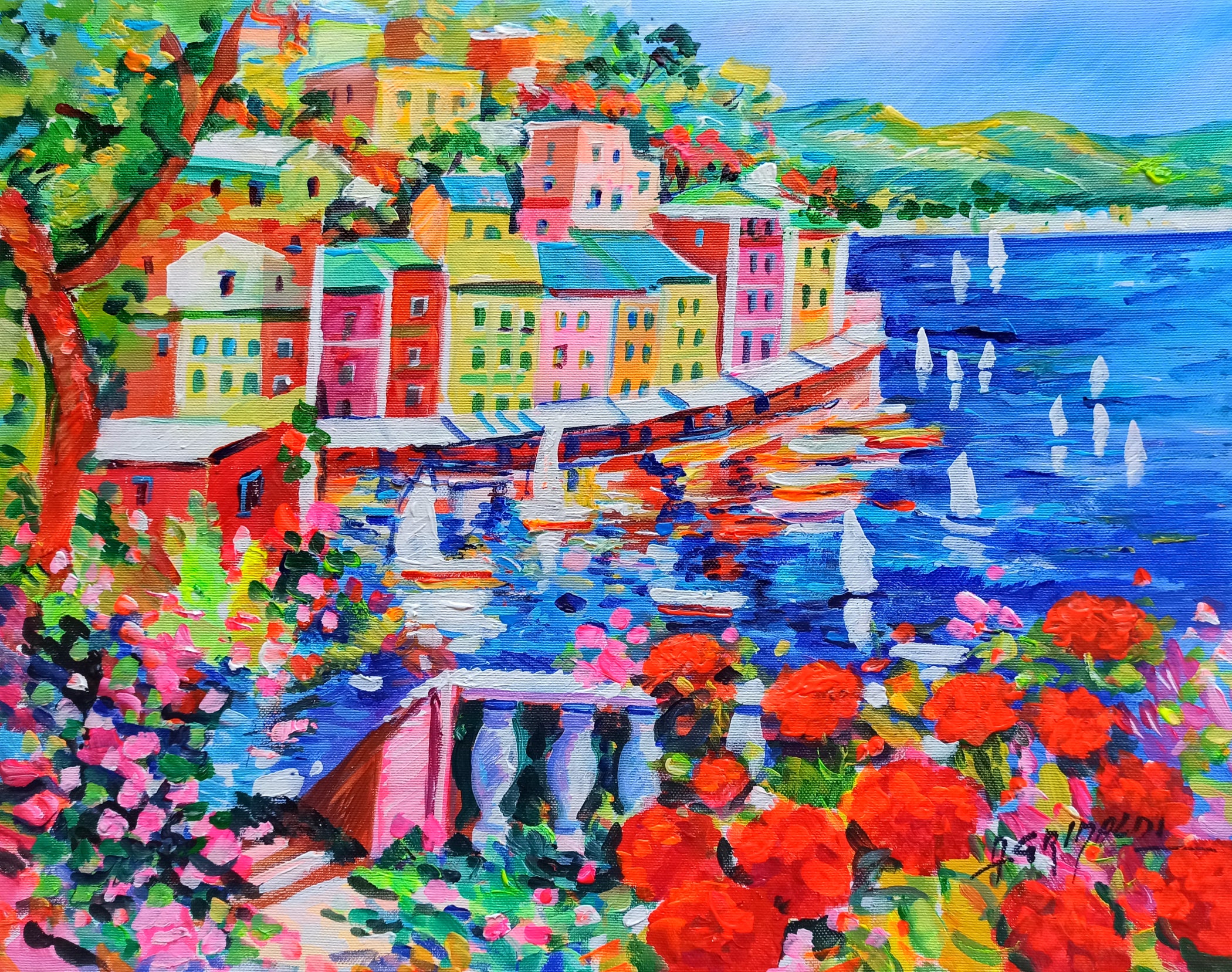 Portofino painting descent with flowers naif modern landscape original oil on canvas artwork painter Alfredo Grimaldi Cinque Terre