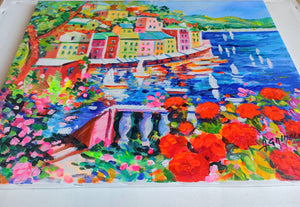Portofino painting descent with flowers naif modern landscape original oil on canvas artwork painter Alfredo Grimaldi Cinque Terre