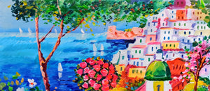 Positano painting Alfredo Grimaldi painter "Flowery road" landscape original canvas artwork Italy