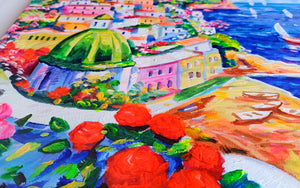 Amalfitan Coast painting Alfredo Grimaldi painter "Summer day" original canvas artwork Italy cityscape