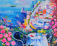Load image into Gallery viewer, Positano painting Alfredo Grimaldi painter &quot;Breakfast in Positano&quot; landscape original canvas artwork Italy cityscape
