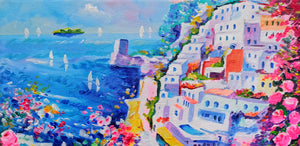 Positano painting Alfredo Grimaldi painter "Breakfast in Positano" landscape original canvas artwork Italy cityscape