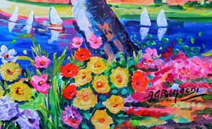 Portofino painting flowering panorama naif modern landscape original oil on canvas artwork painter Alfredo Grimaldi Cinque Terre