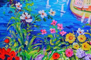 Portofino painting flowering panorama naif modern landscape original oil on canvas artwork painter Alfredo Grimaldi Cinque Terre