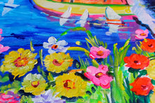 Load image into Gallery viewer, Portofino painting flowering panorama naif modern landscape original oil on canvas artwork painter Alfredo Grimaldi Cinque Terre
