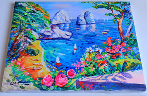 Capri painting Alfredo Grimaldi painter "Descent to the sea" landscape original canvas artwork Italy