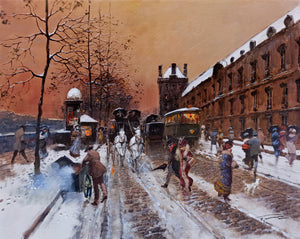 French painting Francesco Tammaro painter "Snowed in Paris"  Belle Epoque old France cityscape