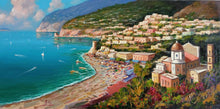 Load image into Gallery viewer, Positano painting air view original oil on canvas artwork Italian painter Raffaele Tozzi southern Italy seaside home decor 
