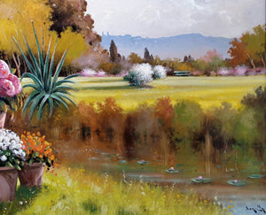 Italian Painting gardens & villas series "Garden with pond" original artwork Andrea Borella Master painter Italian charm wall home decor