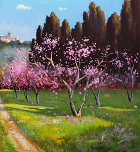 Italian Tuscany painting "Flowery peach trees" original oil Master painter Andrea Borella artwork Italy fine art charm home decor