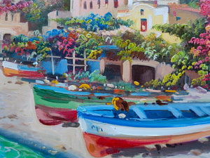 Painting Positano boats on the beach original oil on canvas artwork painter Vincenzo Somma southern Italy Amalfitan seaside coast
