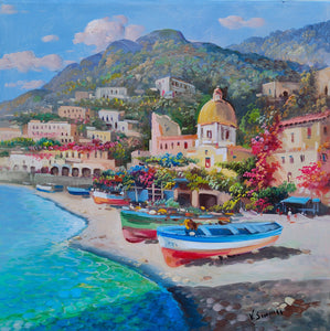 Painting Positano boats on the beach original oil on canvas artwork painter Vincenzo Somma southern Italy Amalfitan seaside coast