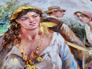 Italian painting "Jealousy" 800s commoners oil canvas original painter Domenico Ronca Italy figures woman peasant