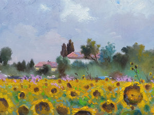 Painting Tuscany landscape with sunflowers original artwork Andrea Borella Master painter Italian charm design wall home decor