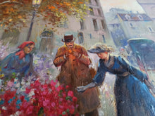Load image into Gallery viewer, Painting old France Paris &quot;By the florist&quot; parisian scene road oil canvas original painter Domenico Ronca Italy figures woman peasant
