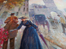 Load image into Gallery viewer, Painting old France Paris &quot;By the florist&quot; parisian scene road oil canvas original painter Domenico Ronca Italy figures woman peasant
