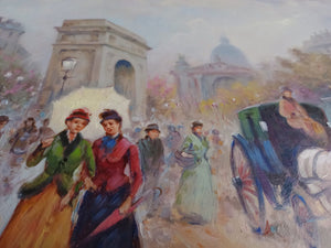 Painting old France "Walking around Paris" parisian scene road oil canvas original painter Domenico Ronca Italy figures woman peasant